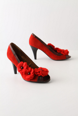 Slithering Rosette Heels - Anthropologie.com :  pink peep toe red rosettes