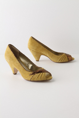 Hide-And-Slink Heels - Anthropologie.com :  copper suede peep toe trimmed