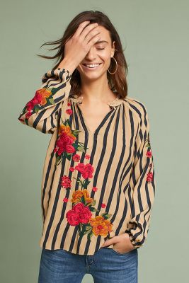 Embroidered & Striped Blouse