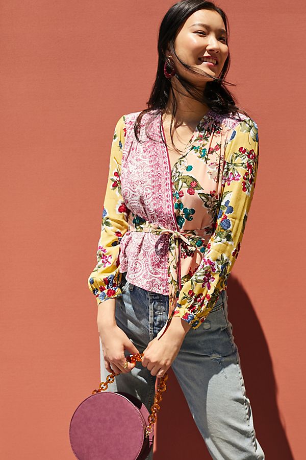 Slide View: 1: Floral Patchwork Wrap Blouse