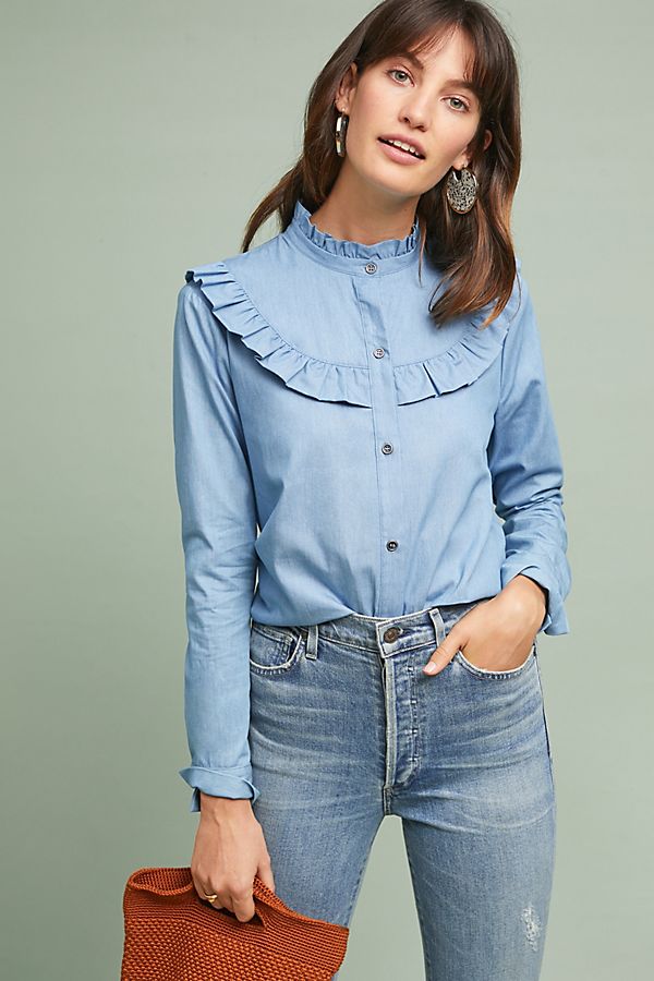Slide View: 1: Ruffled Denim Buttondown