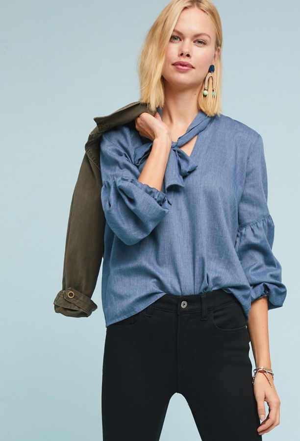 Chambray Tie-Neck Blouse | Anthropologie
