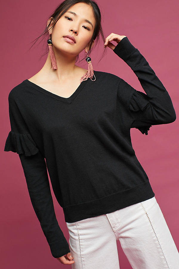 Slide View: 1: Ruffled V-Neck Pullover