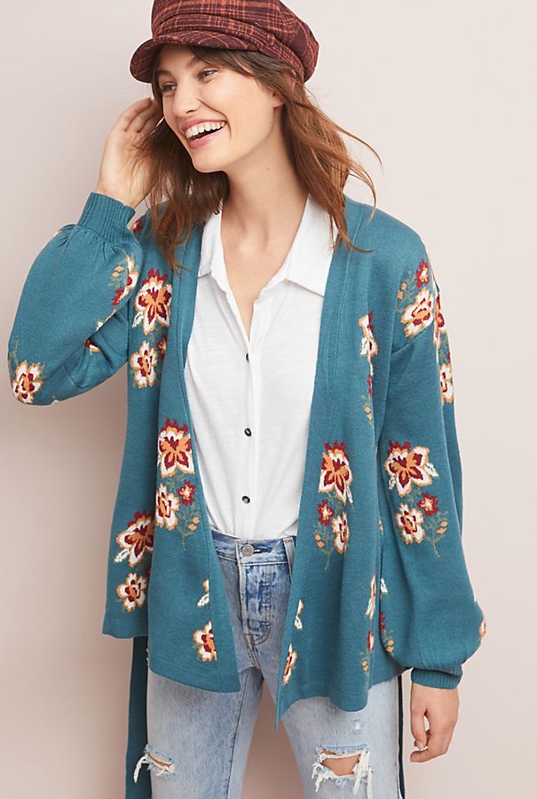 Slide View: 1: Floral Intarsia Wrapped Cardigan