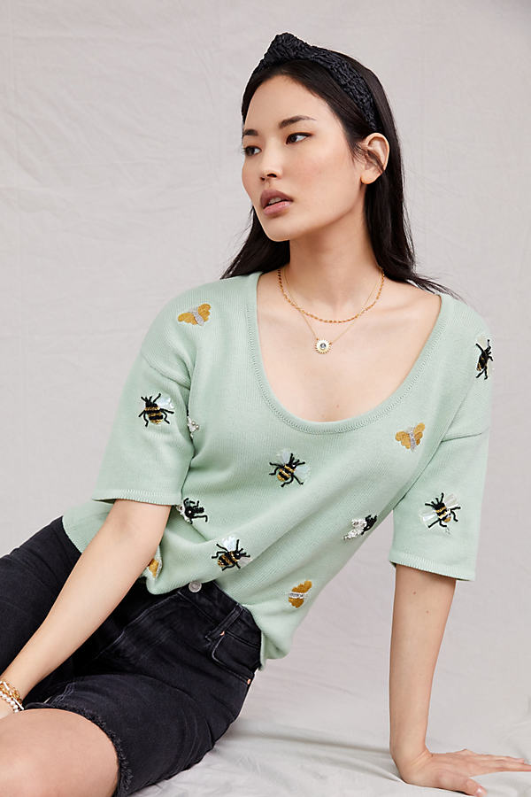 Anthropologie Bee Mine Embroidered Top In Blue