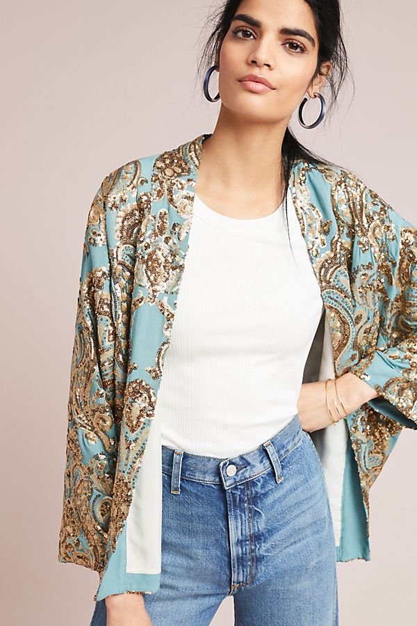 Slide View: 1: Glittering Gold Sequined Kimono