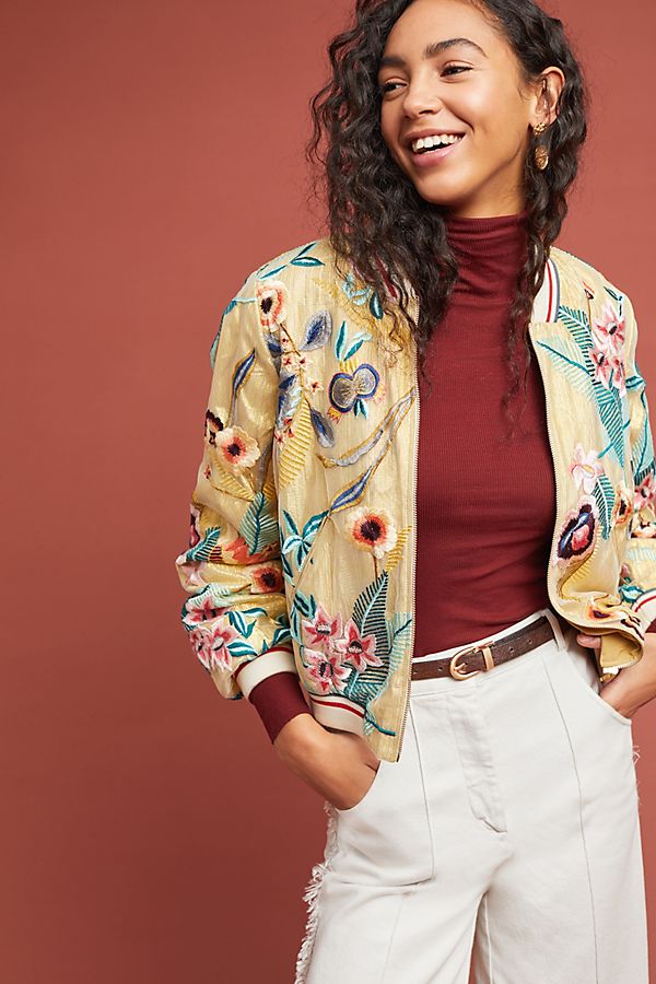 Slide View: 1: Embroidered Bomber Jacket