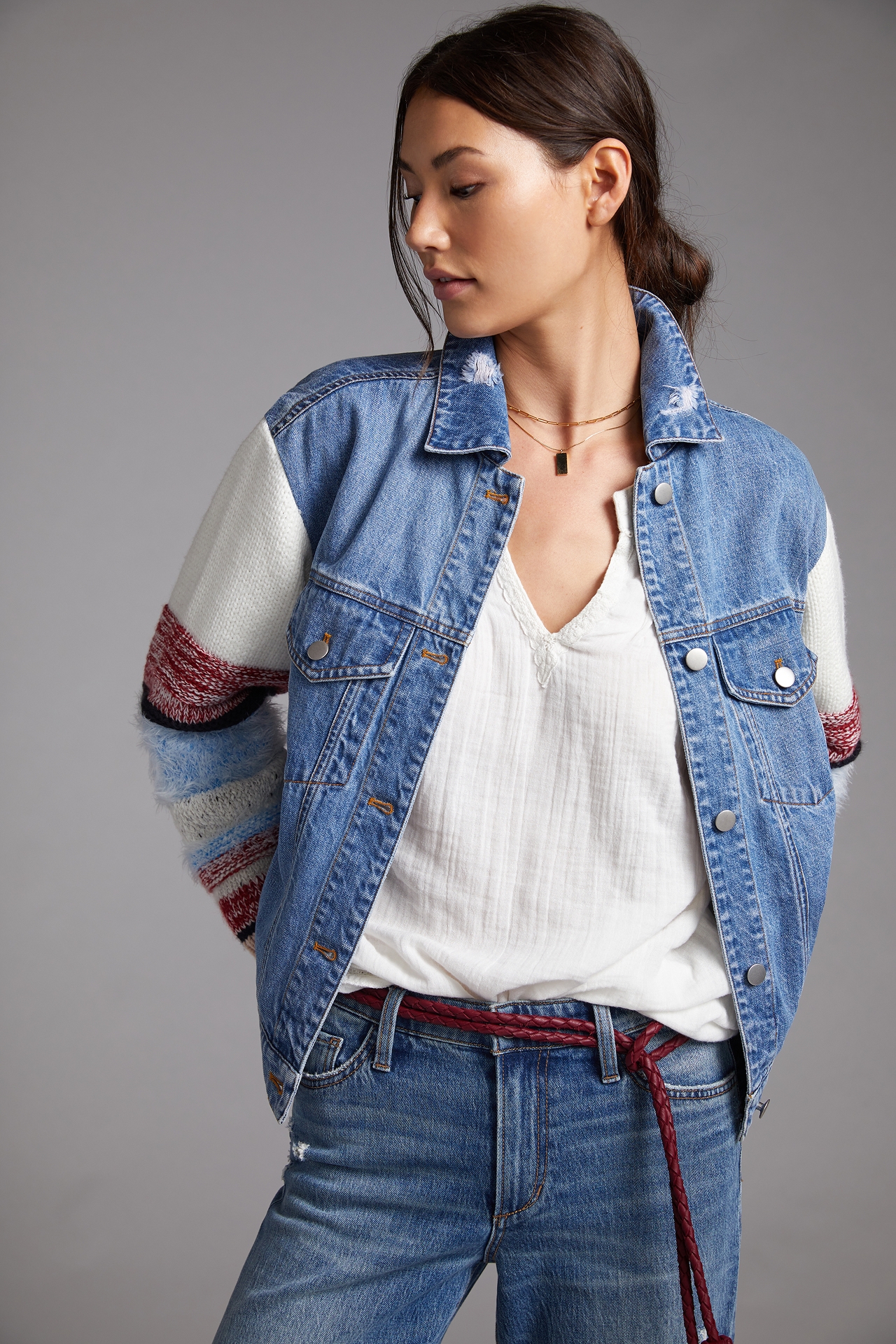 Sweater-Sleeved Denim Trucker Jacket