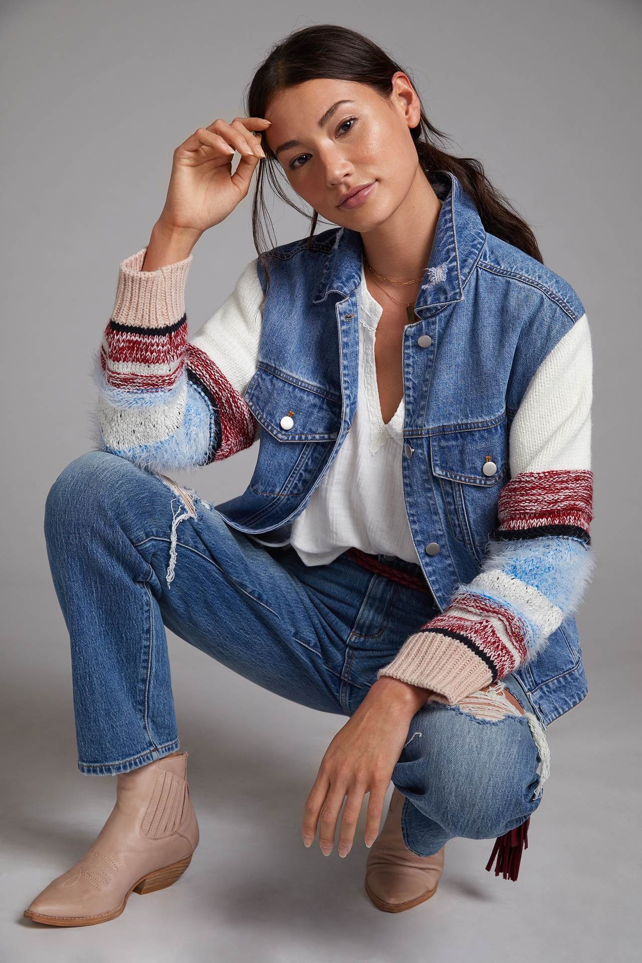 Sweater-Sleeved Denim Trucker Jacket