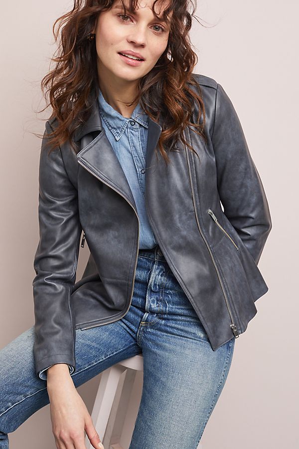 Slide View: 1: Peplum Faux Leather Moto Jacket