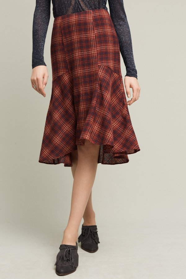 Plaid Wool Midi Skirt