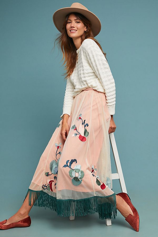 Slide View: 1: Fringed Tulle Skirt