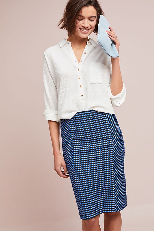 Slide View: 1: Textured Indigo Pencil Skirt