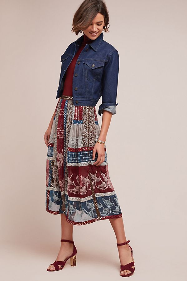 Slide View: 1: Beaded Patchwork Silk Skirt
