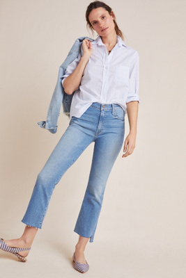 Mother The Insider Cropped Frayed High-rise Flared Jeans In Blue