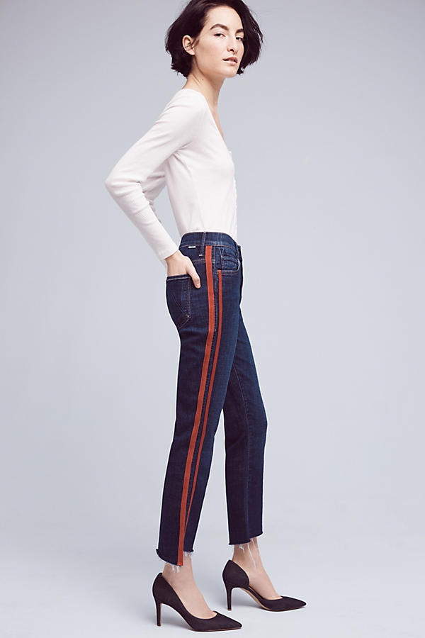 Slide View: 1: Mother Insider Crop Step Fray High-Rise High-Low Jeans