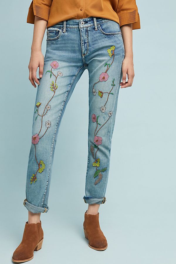 Slide View: 4: Pilcro Floral Embroidered Mid-Rise Slim Boyfriend Jeans