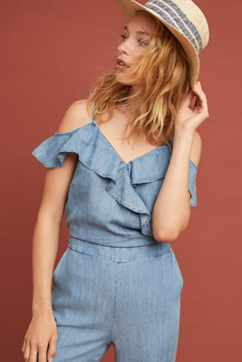 Ruffled Open-Shoulder Denim Jumpsuit 