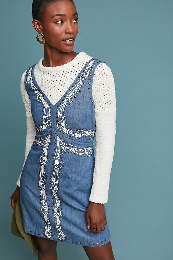 Slide View: 1: Embroidered Denim Mini Dress