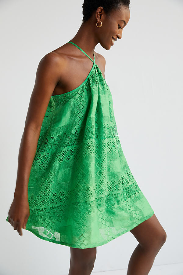 Anthropologie Halter Lace Mini Dress In Green