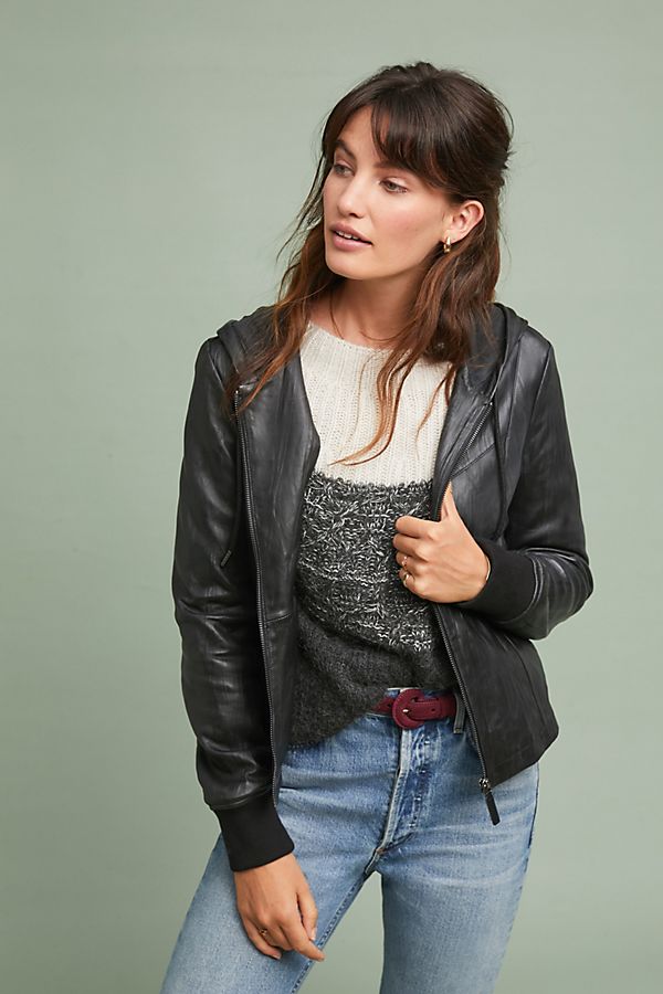 Slide View: 1: Bagatelle Hooded Leather Jacket