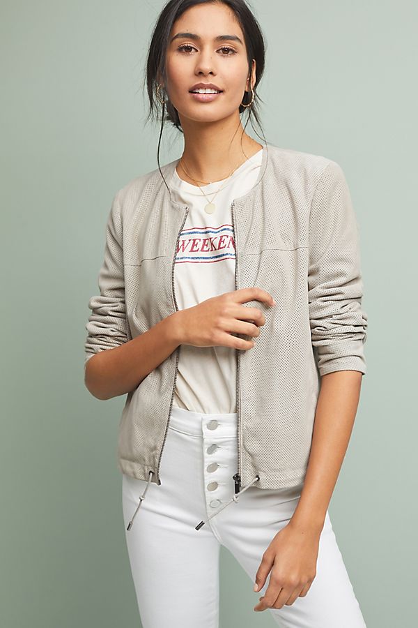 Slide View: 1: Bagatelle Perforated Suede Bomber Jacket