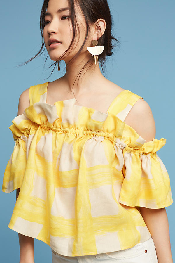 Slide View: 1: Ruffled Gingham Open-Shoulder Top