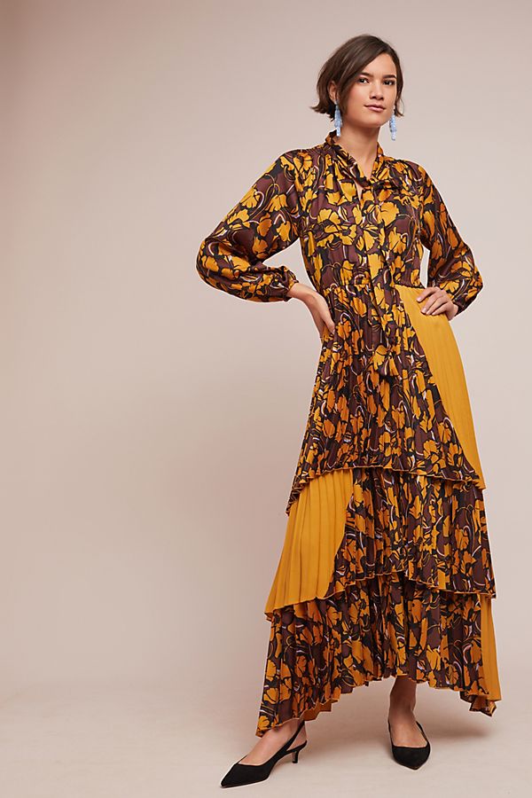 Slide View: 1: Pleated Marigold Maxi Dress