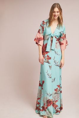 cobalt print satin kimono maxi dress