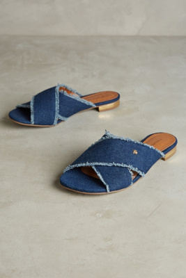 Courtney Fringed Denim Slide Sandals