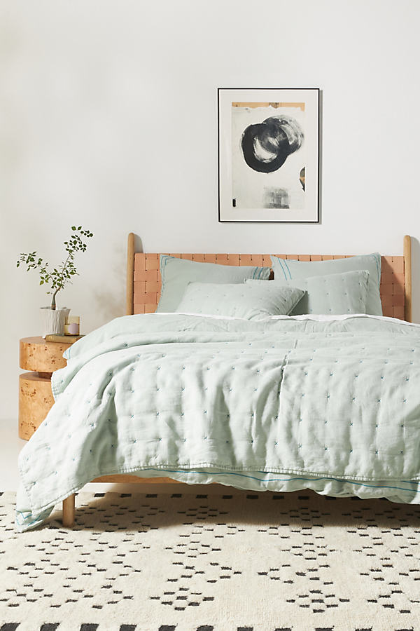 Anthropologie Moderna Linen Quilt By  In Mint Size Q Top/bed
