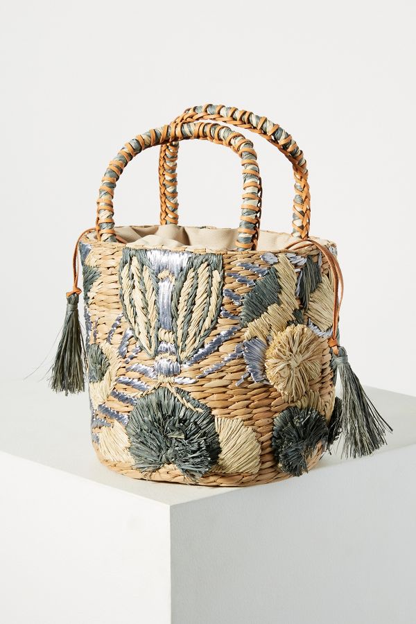 Aranaz Catalina Embroidered Straw Bucket Bag | Anthropologie