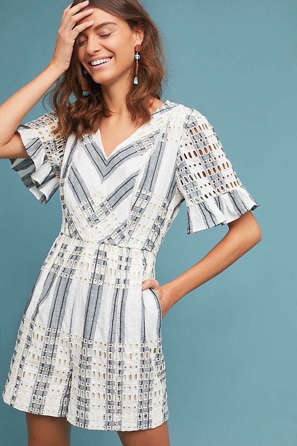 Slide View: 1: Striped Eyelet Romper