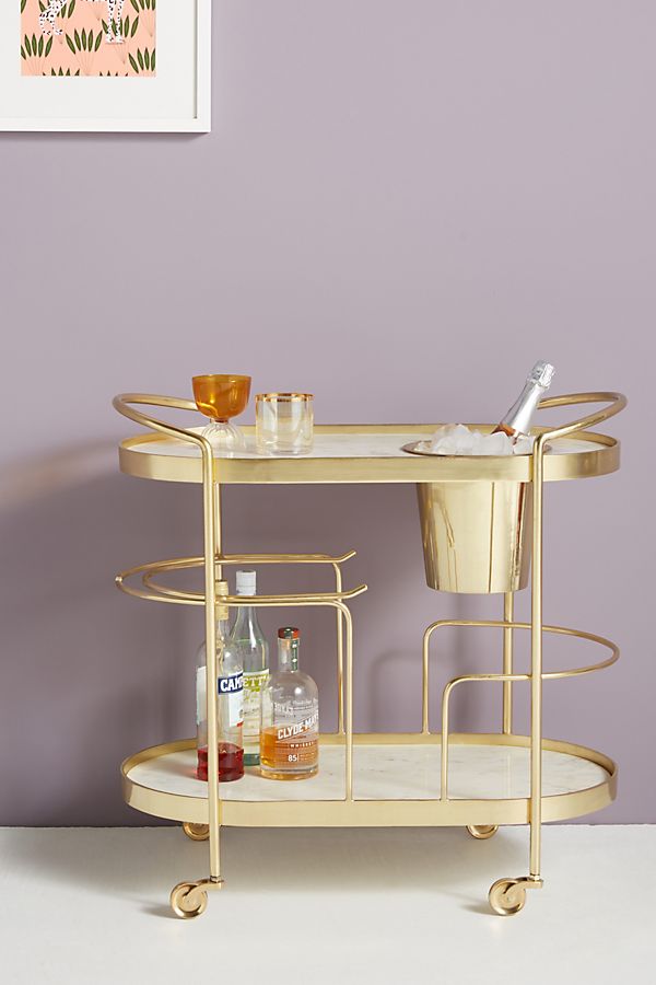 Slide View: 1: Marble-Top Brass Bar Cart