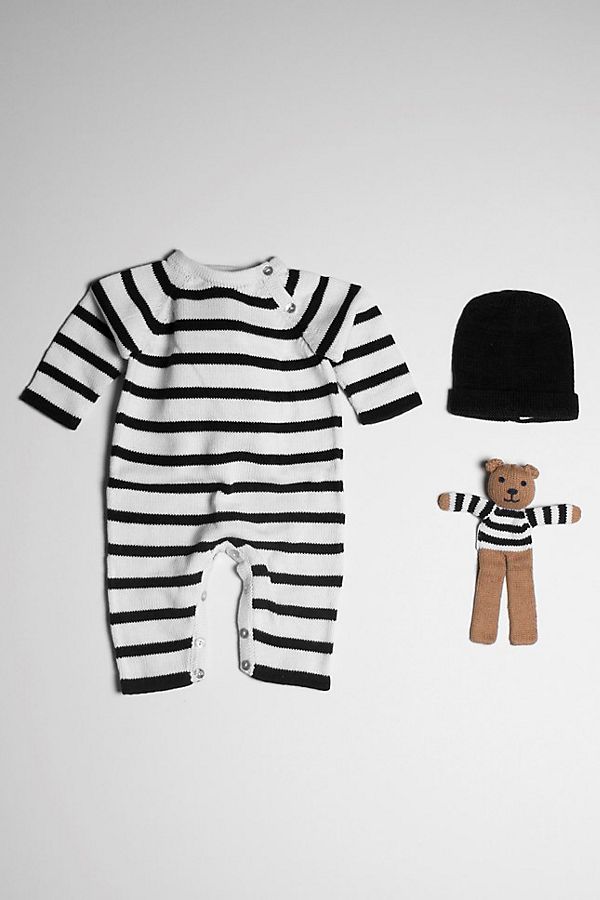Slide View: 1: Estella Organic Stripe Baby Romper With Bear & Hat