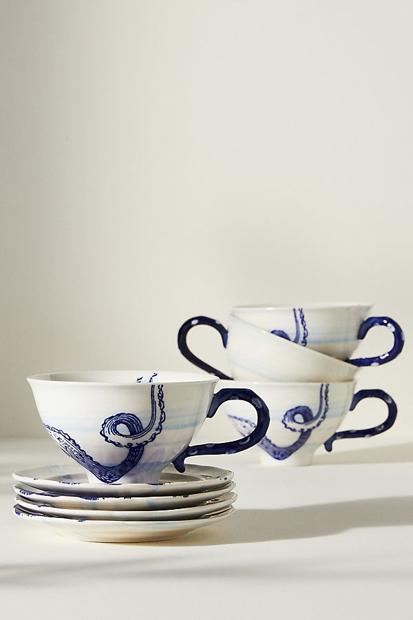Slide View: 1: From The Deep Cups & Saucers, Set of 4