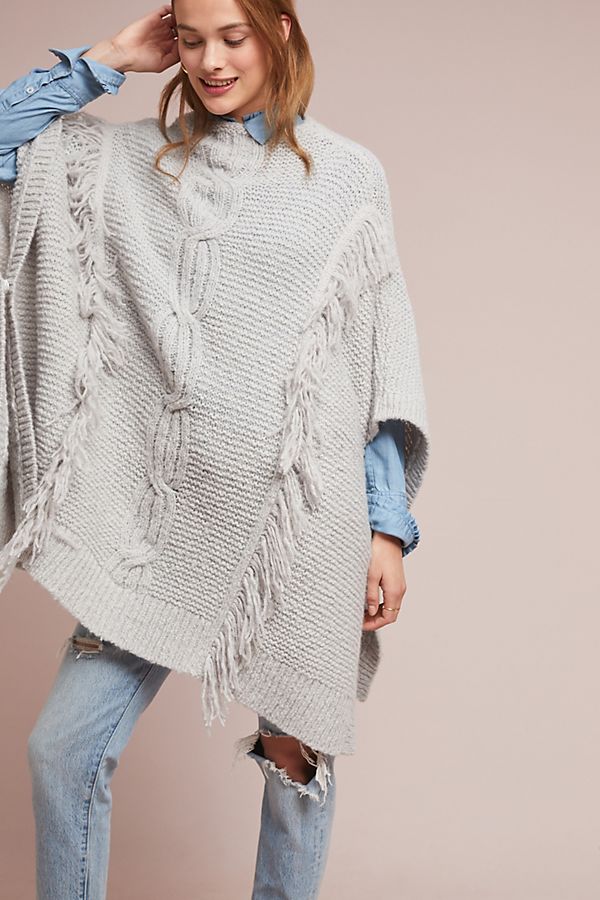 Slide View: 1: Fringed Cable-Knit Poncho