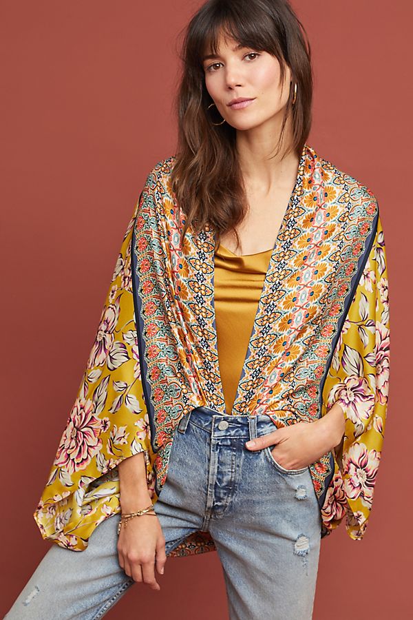 Slide View: 1: Floral Silk Cocoon Kimono