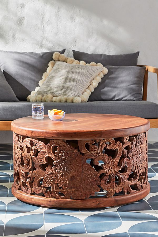 Slide View: 1: Handcarved Lotus Coffee Table