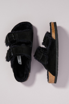 Birkenstock Arizona Soft Footbed Suede Leather Shearling Black Narrow Fitting Sandals In Black