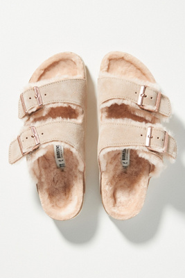 Birkenstock Arizona Mauve Shearling-lined Suede Sliders In Beige