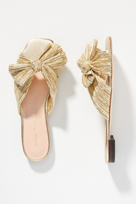 Loeffler Randall Daphne Bow-embellished Plissé-lamé Slides In Gold