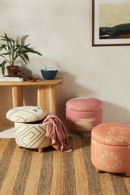 Anthropologie Printed Jute Louise Storage Ottoman In Grey